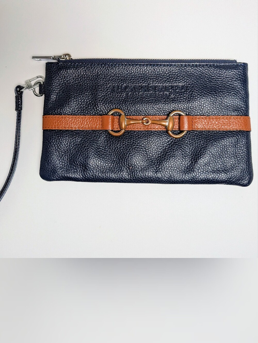 Tucker Tweed Equestrian Wellington Wristlet Leather Zipper Pouch Navy Clutch